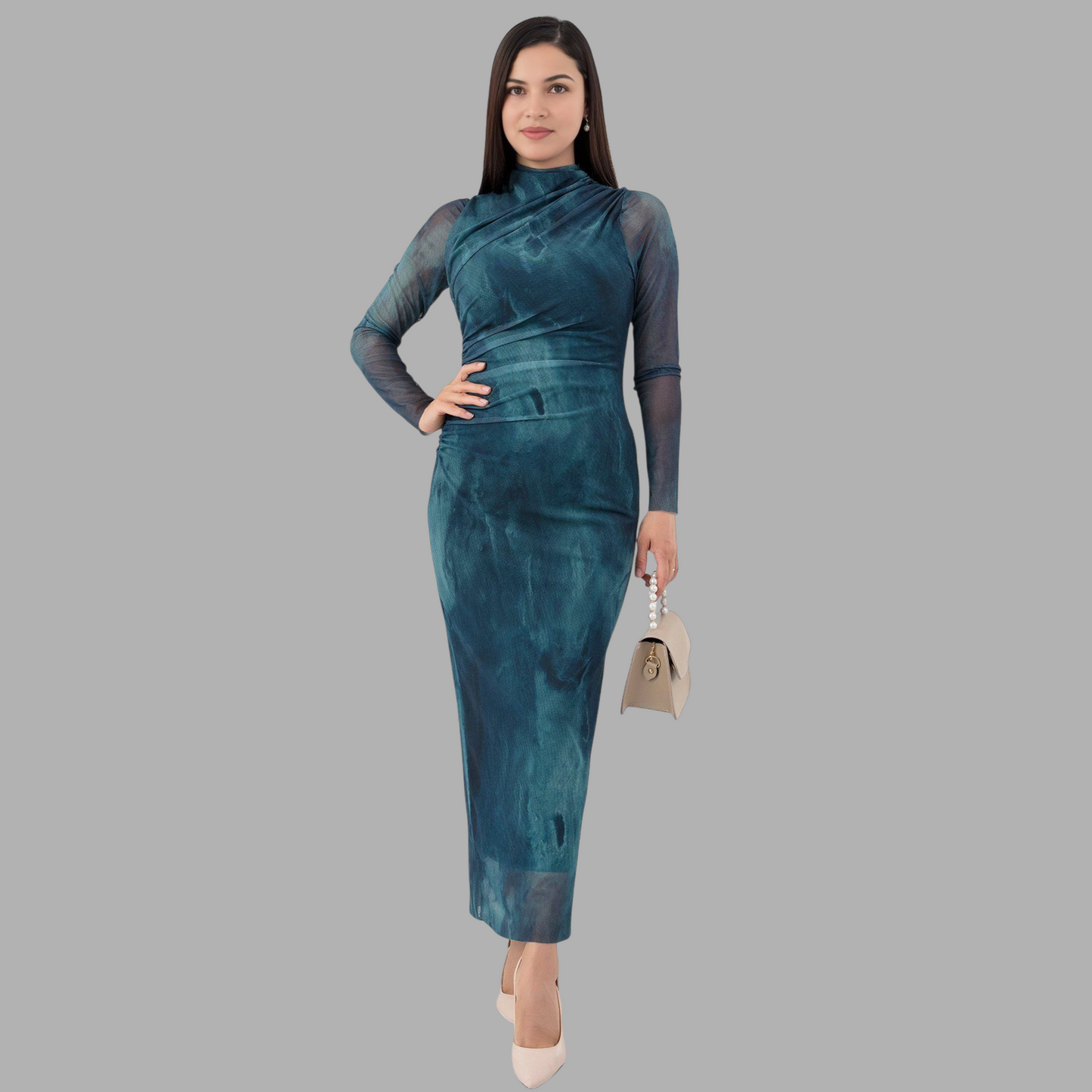 Elegant French Silk Net Printed Slim Dress with Long Sleeves E4B92Z