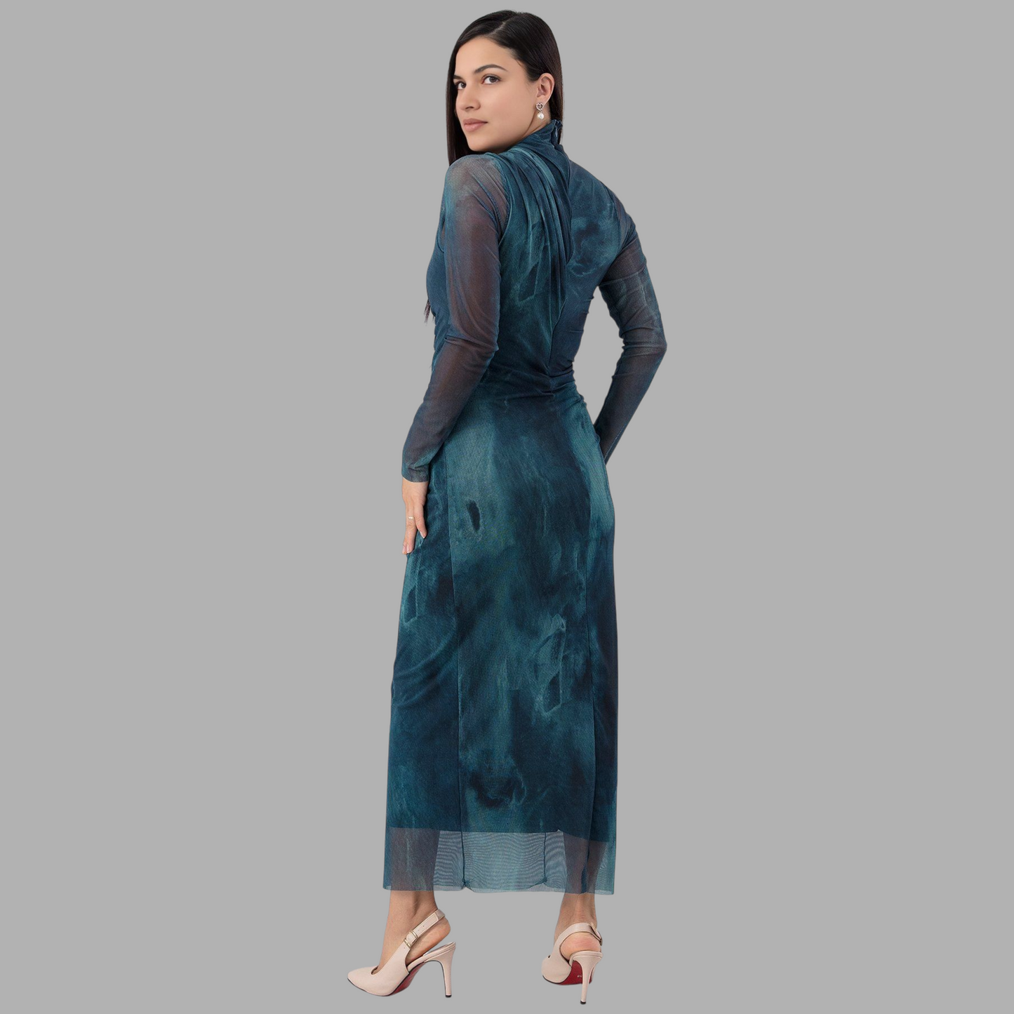 Elegant French Silk Net Printed Slim Dress with Long Sleeves E4B92Z