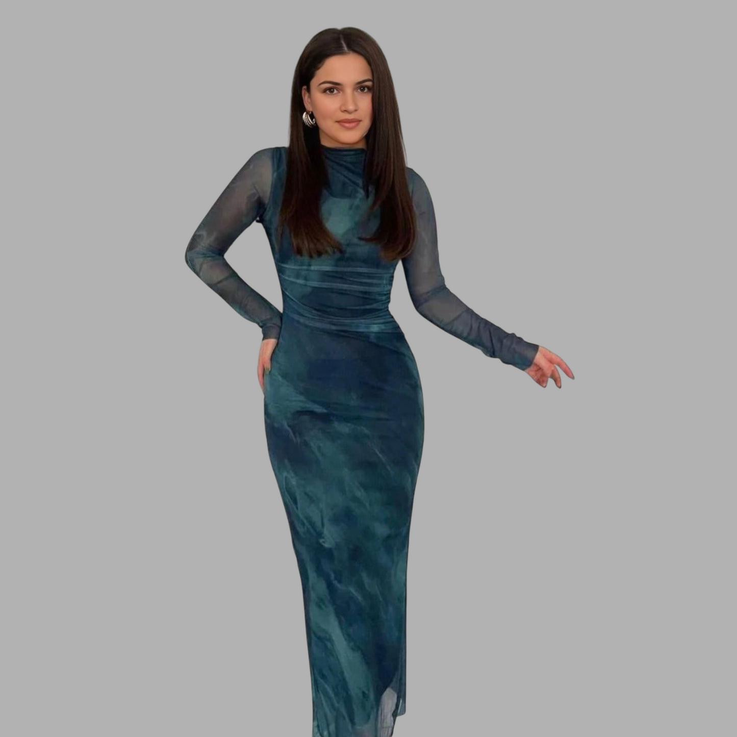 Elegant French Silk Net Printed Slim Dress with Long Sleeves E4B92Z