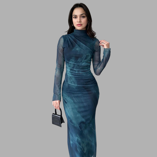 Elegant French Silk Net Printed Slim Dress with Long Sleeves E4B92Z